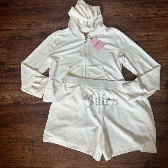 Juicy Couture Bling Track Suit Shorts Set White Oyster Large y2k Velour NEW - Picture 1 of 9